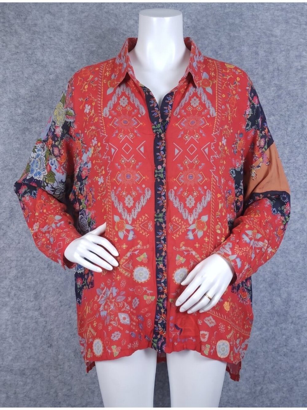 John Mark Mixed Print Kimono Shirt 3X Red Aztec Floral Boho Plus Artsy Top